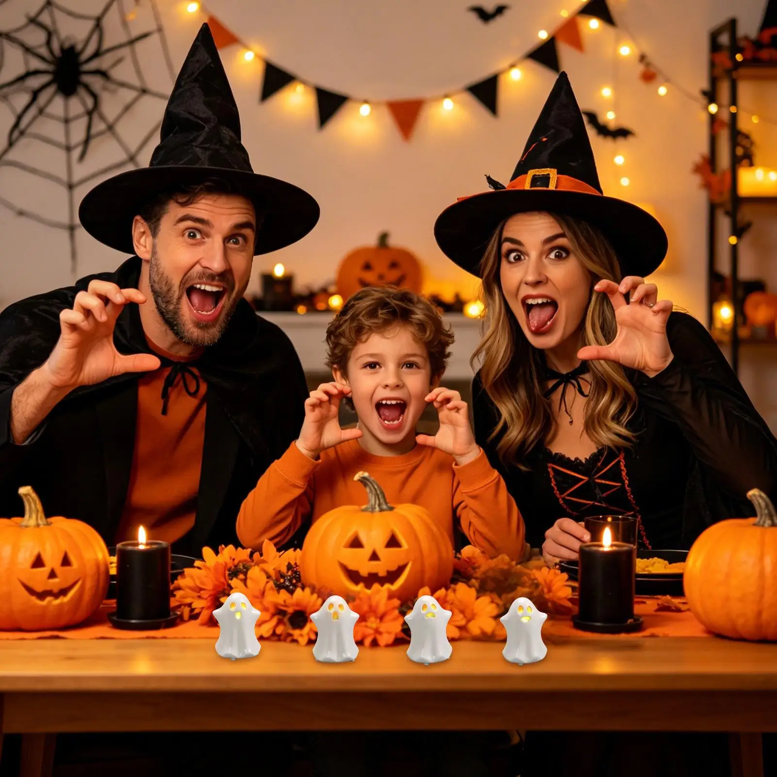 Halloween Figurines Ceramic LED Lighted Warm Glow Non-Slip Mini Ghosts Halloween Party Decorations For Home Bedroom Desk Table