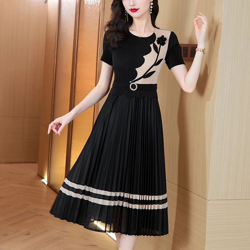 2024 Summer New Silk Printed Folded Dress Women\'s O-neck Short Sleeve Elastic Magic Knee length A-line Long Dress