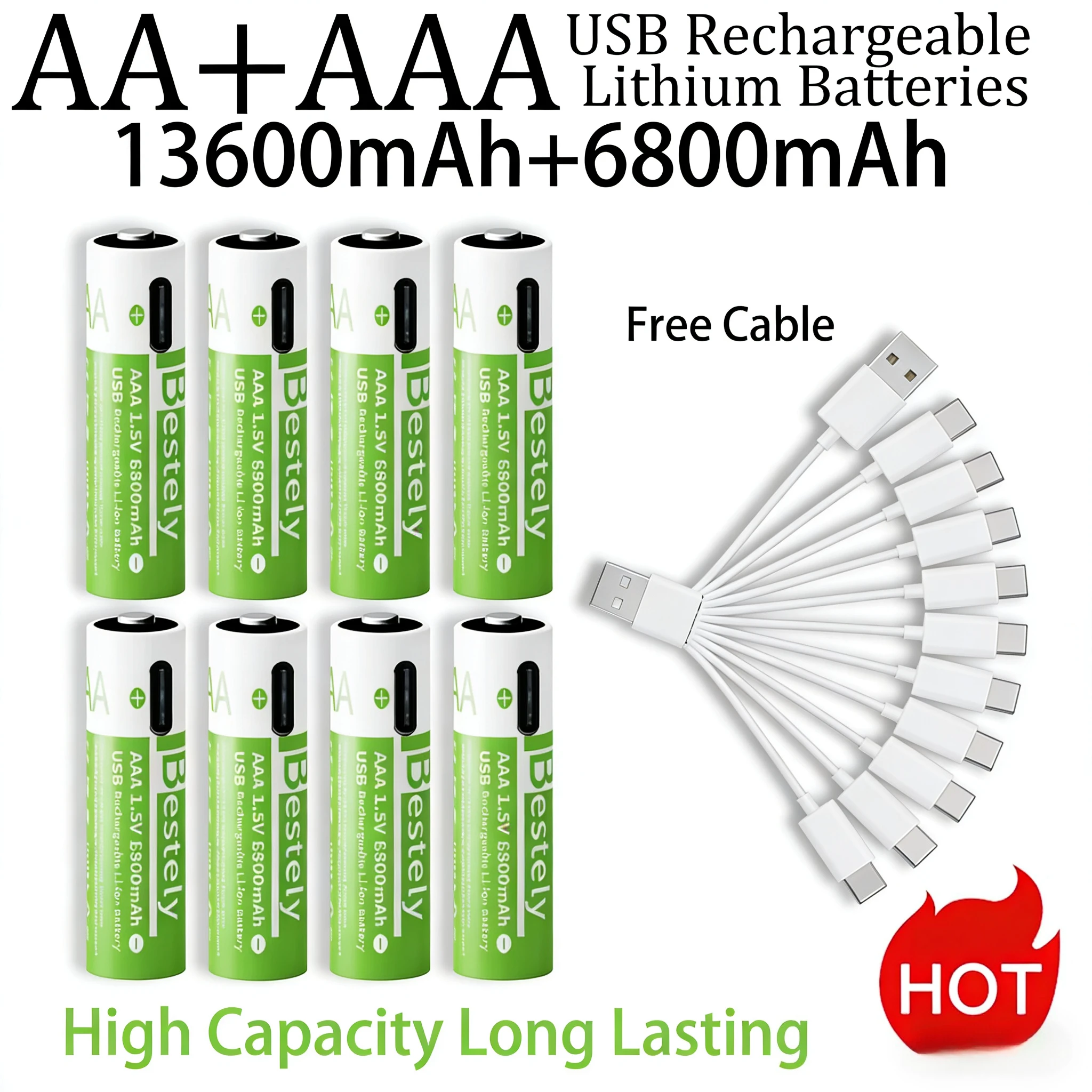 New 1.5V AA 13600mAh AAA 6800mAh Rechargeable Lithium Battery 2000 Cycles Fast Charging with Free USB-C Cable