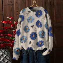 Women's Stylish Vintage Floral Print Chic All Match Knitted Sweater Autumn Winter Casual O Neck Long Sleeve Loose Pullover Tops