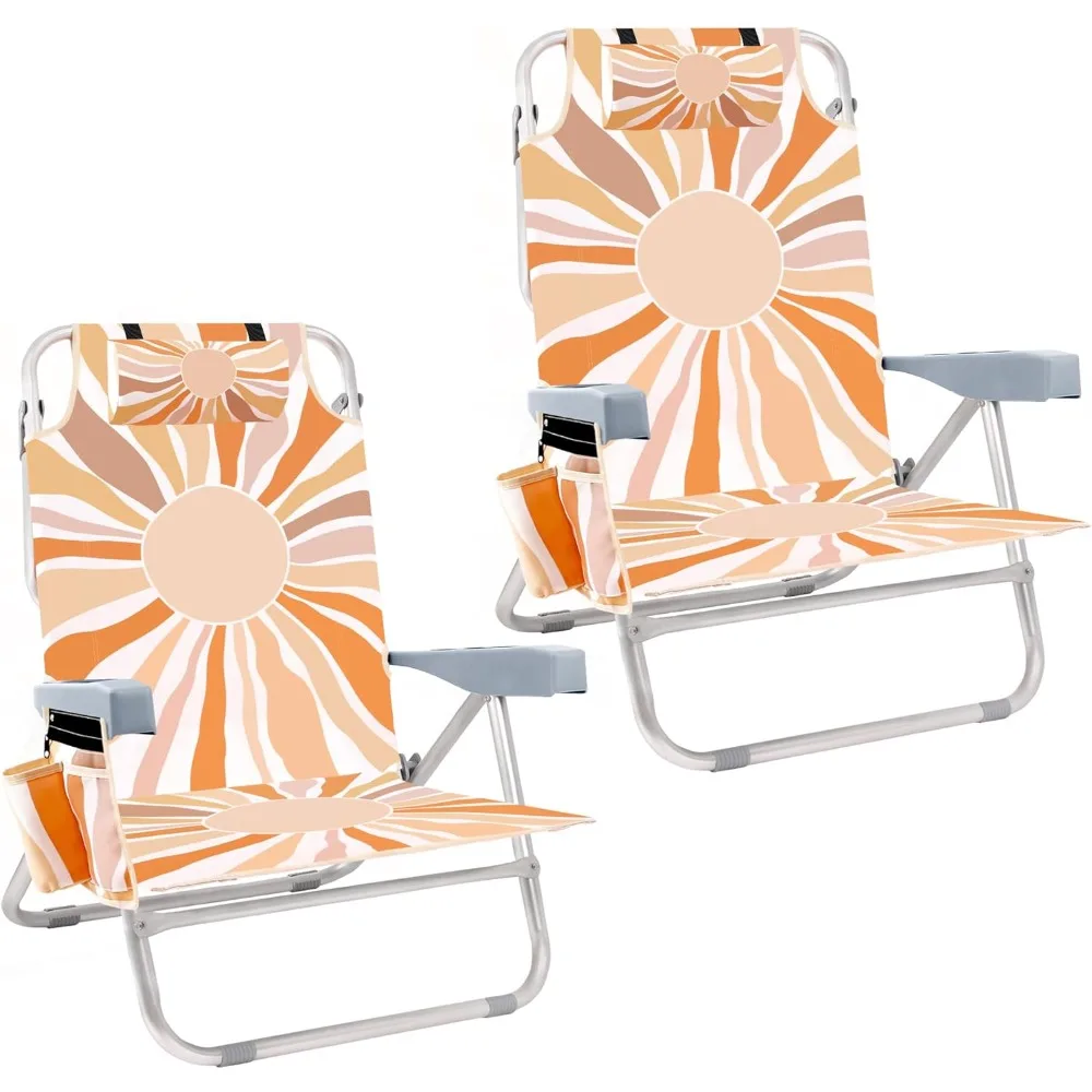 

2 Pack Beach Chairs for Adult, Folding Backpack Beach Chairs with Cooler, Cup Holder, Towel Bar & Storage Pouch, 5 Reclining Pos