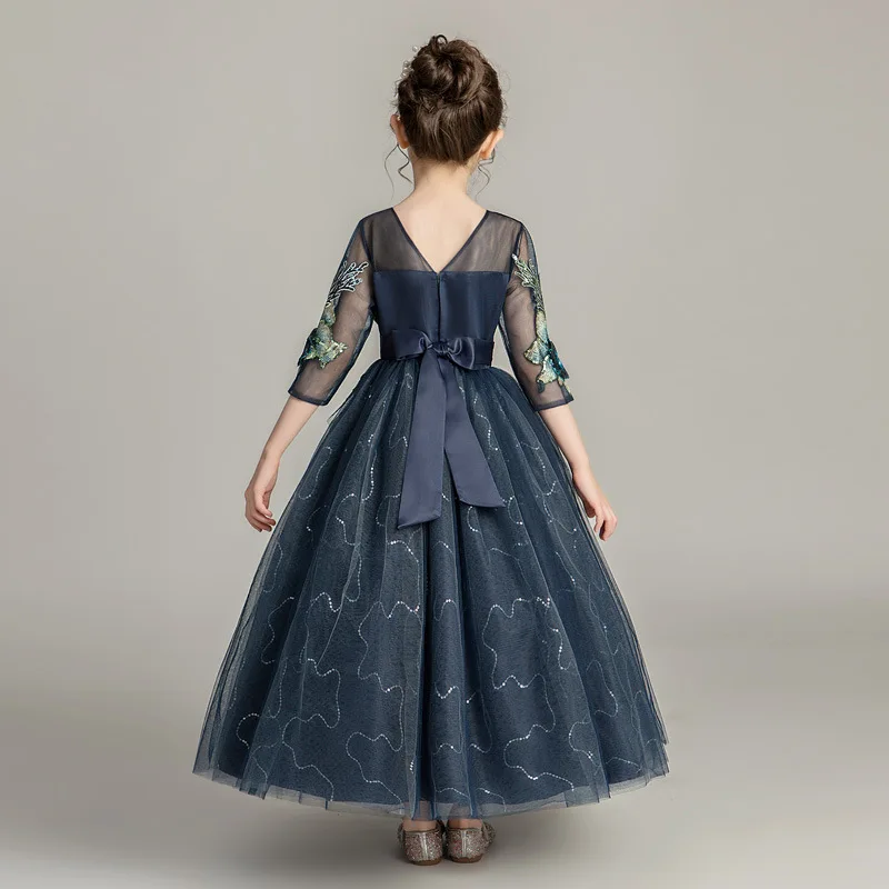 Fashion Sequin Embroidery Flower Girl Dresses Elegant Birthday Piano Perform Wedding Dress Half Sleeve Lace Girls Party Dresses