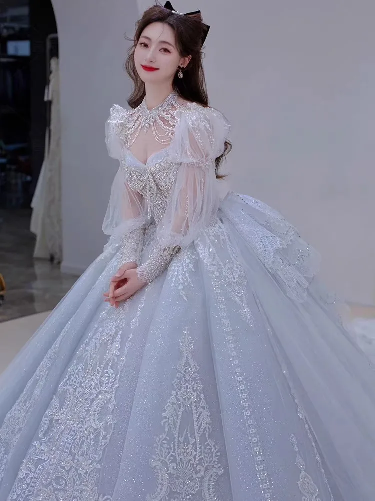 Long Sleeve Shiny Wedding Dress Embroidered Lace Sequined Vintage Bridal Gown With Bow And Beading Vestido Customized