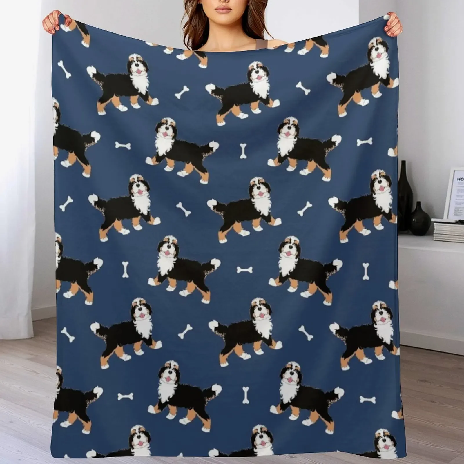 

Cute Tri Color Bernedoodle - Blue Background Throw Blanket Decorative Throw funny gift Stuffeds Bed linens Blankets
