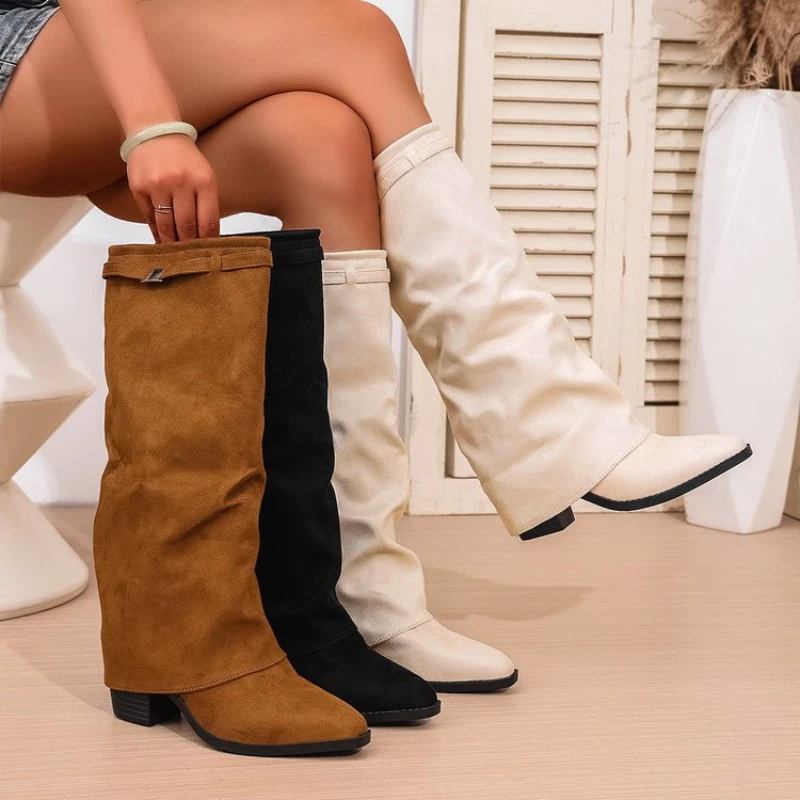 

Women's Plus-size Pointed-toe Thigh-high Trousers Boots with Pleats Chunky Heels Slip-on High-heeled Versatile Fashion Boots