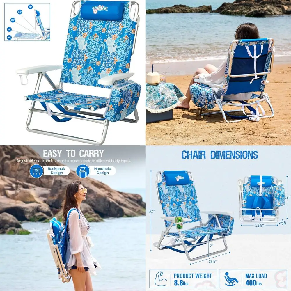 

Портативный сверхмощный складной рюкзак для шезлонга для взрослых — 5-позиционный плоский шезлонг, легкий и прочный