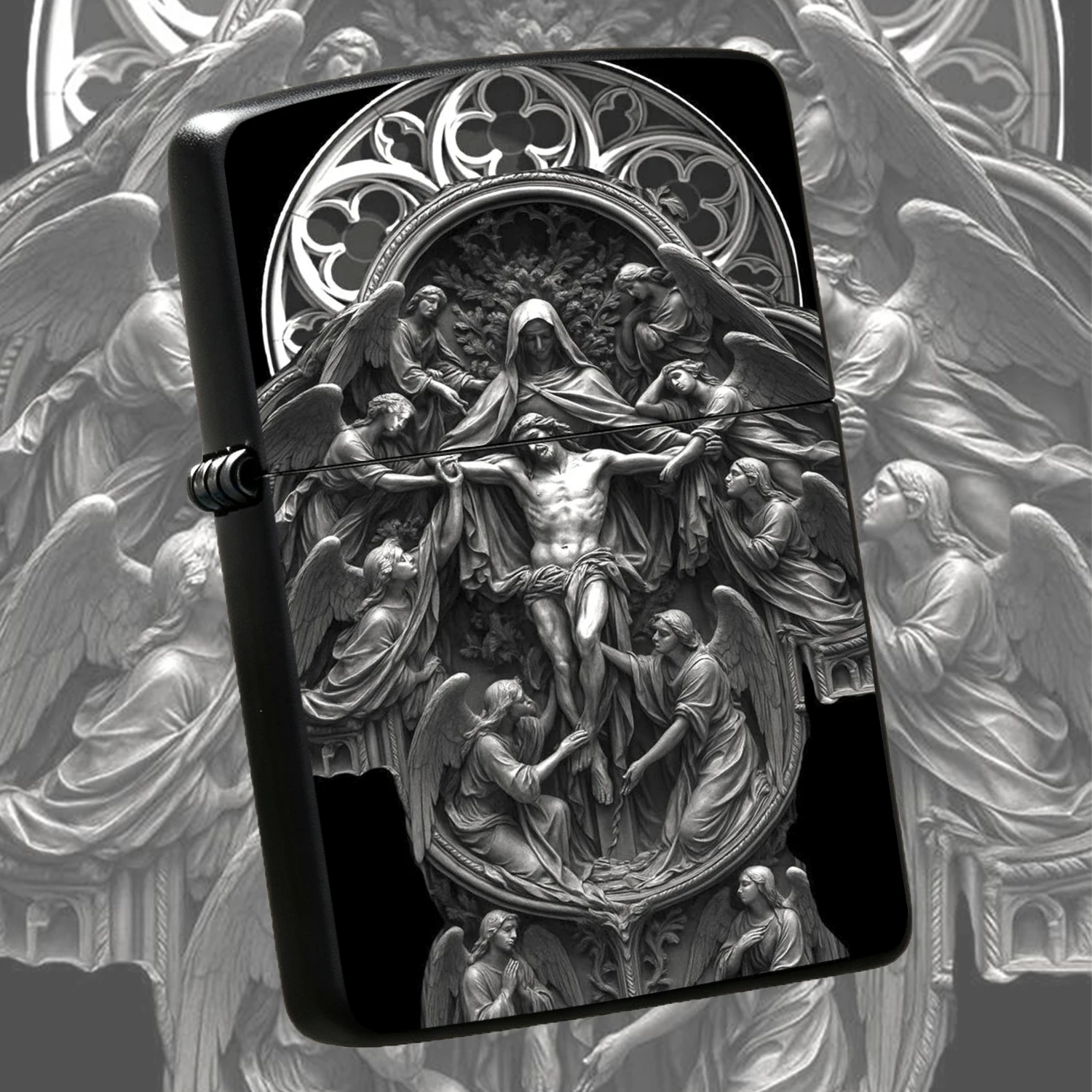 Gothic Relief With Virgin Mary Holding Jesus Design Vintage Matte  Windproof Exquisite Religious Art Carving Collectible Desktop Ornament Gift For Believers Art Lovers Daily Use A Fun And Humorous Lighter