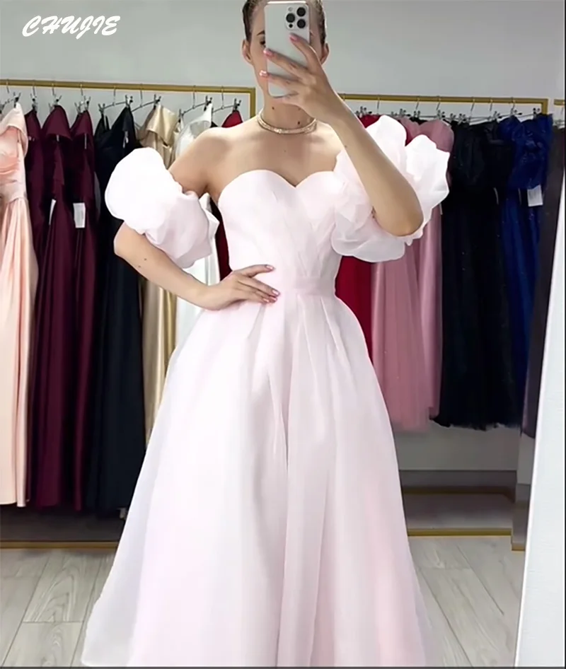 Tule mangas curtas vestido de baile querida vestidos de noite personalizado uma linha chá comprimento plissado vestidos de festa de aniversário robe soirée