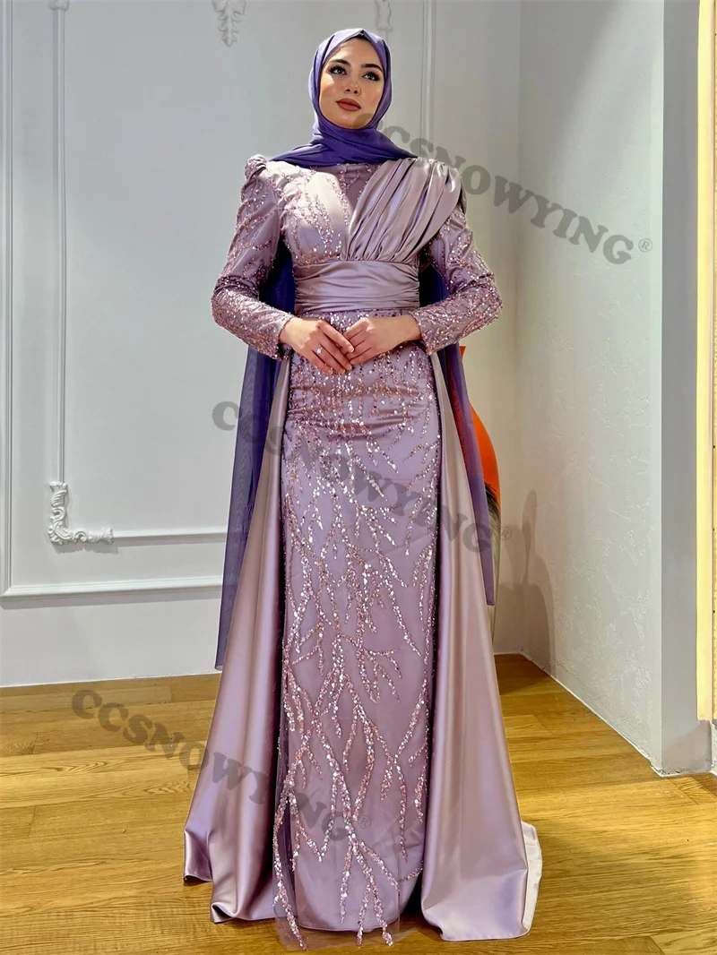 Luxury Satin Appliques Beaded Muslim Evening Dresses Islamic Long Sleeve Hijab Formal Party Gowns Arabic Dubai Robes De Soirée