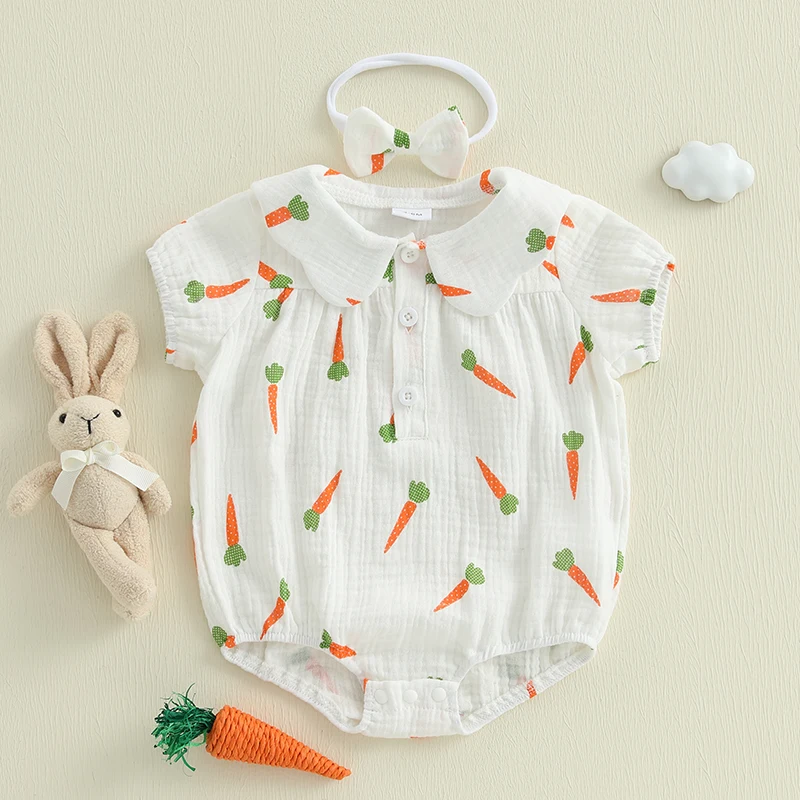 

2025-01-07 Lioraitiin Baby Girls Rompers Easter Clothes Carrot Print Doll Collar Short Sleeve Summer Jumpsuits with Headband