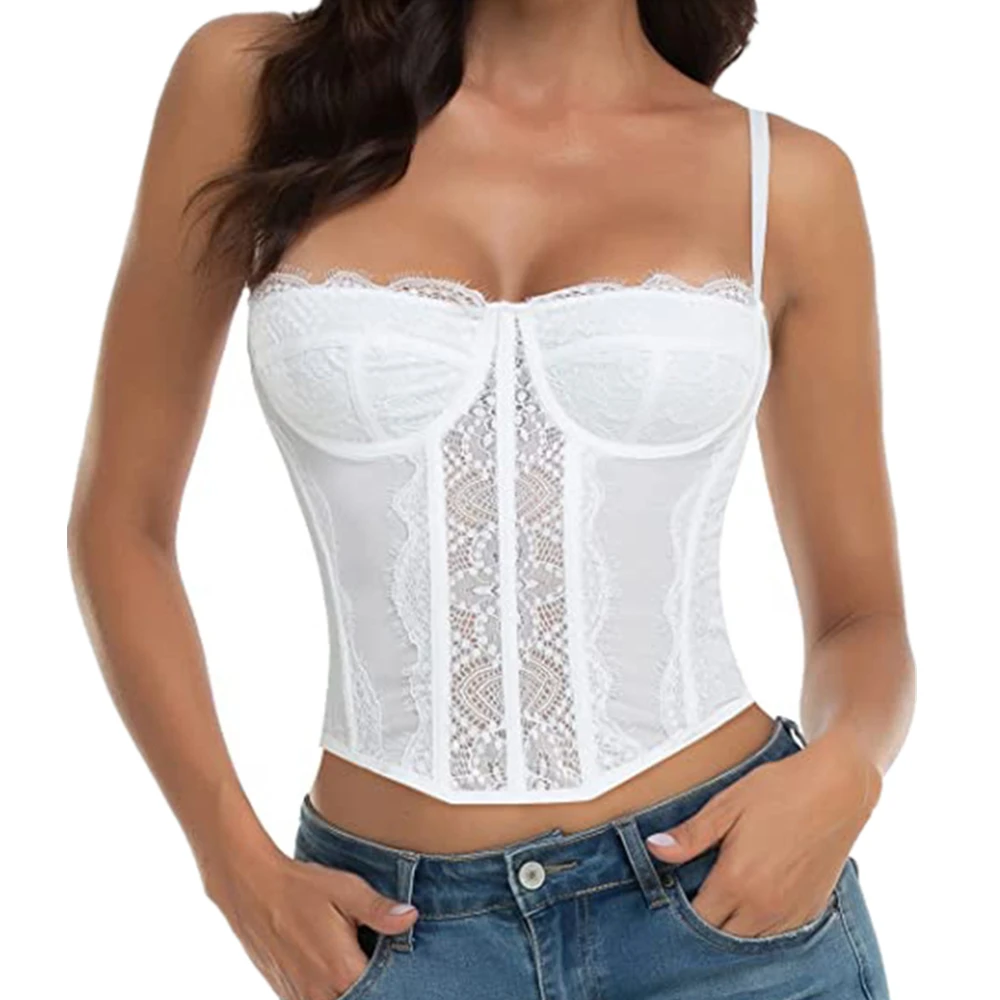 Sexy Lace Fish Bone Corset Mesh Bustier Tops for Women Black Lace Corset Spaghetti Strap Going Out Crop Top Camisole