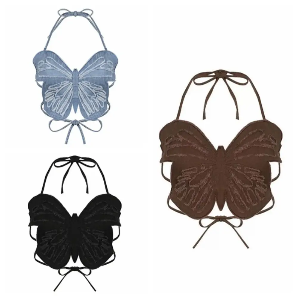Camisola de mariposa sin mangas de estilo coreano para chica picante, Top con cordones y cuello Halter, chaleco con tirantes con personalidad para mujer