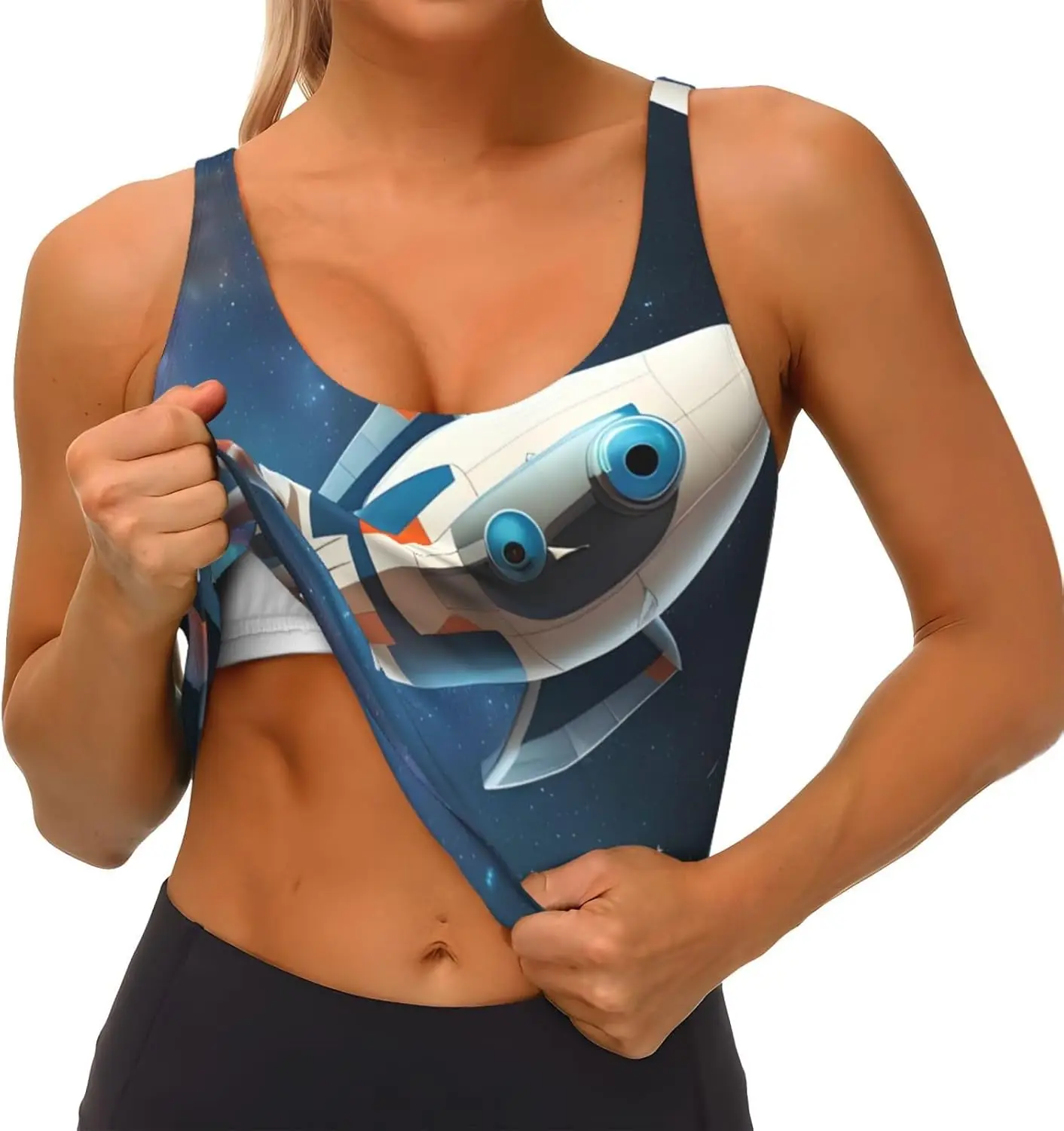 سترة رياضية نسائية مطبوعة من Rocket in Space لليوجا واللياقة البدنية - كاجوال بدون أكمام للفتيات الرياضيين، أسود، كبير