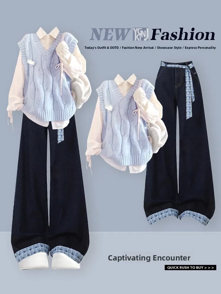 

Korean Sle Women's Knitted Vest And irt Set with Plaid Denim Pants Tee-Piece Casual Faion Ensemble Spring Autumn Wear