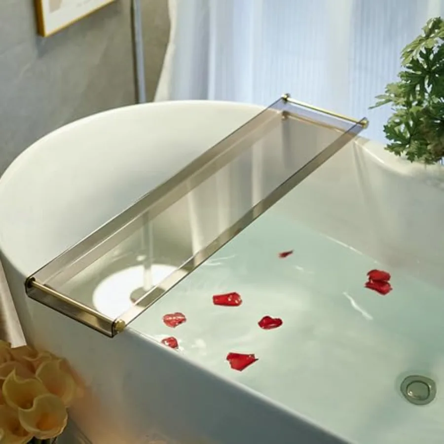 

Acrylic Bathtub Tray Caddy, Clear Bath Shelf Tub Rack with Golden Handle, Luxury Bathroom Organizer Tablet Holder
