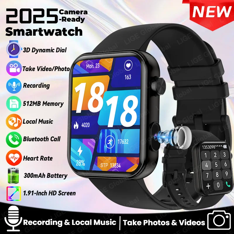 

LIGE Новые умные часы с камерой 512 МБ, 1,91-дюймовые HD Bluetooth-вызовы, видео, звуковая запись, спортивные умные часы для фитнеса для Android iOS 2025