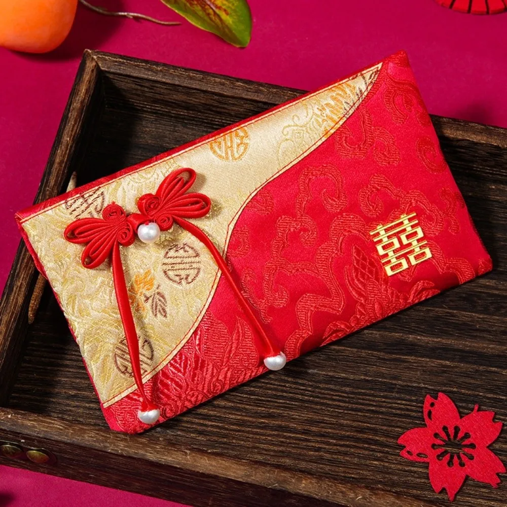 

Large Capacity Blessing Words Brocade Red Envelop Embroidery Button Wedding Hongbao Best Wishes Lucky Red Pockets Lunar New Year