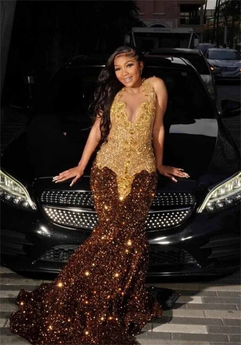 

Chocolate Brown Sequin Gold Crystal Beading Prom Dresses Mermaid Elegant Dress For Wedding Party Sexy Gowns African Customized