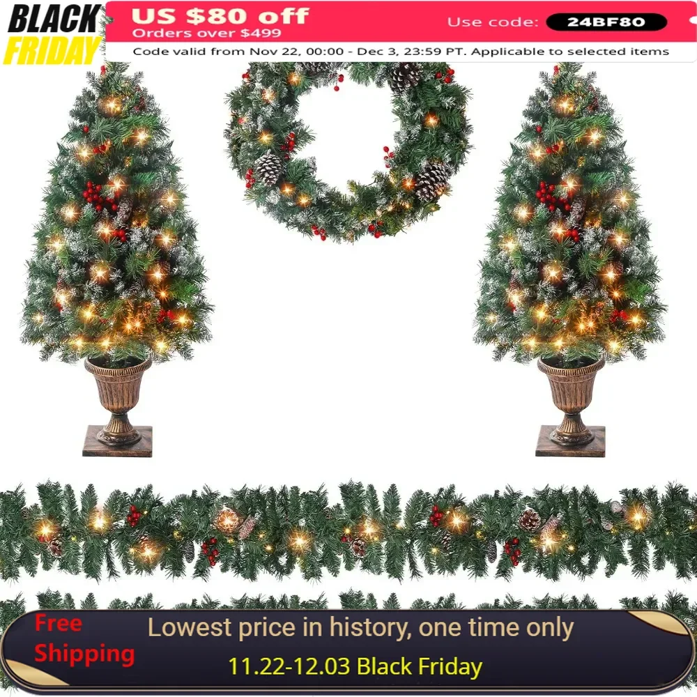 with Lights Set 2 Pcs 4ft Xmas Entrance Trees with 120LED Light 2 Pcs18ft Lighted Garlands and 24''Wreath with Cones Red Berries