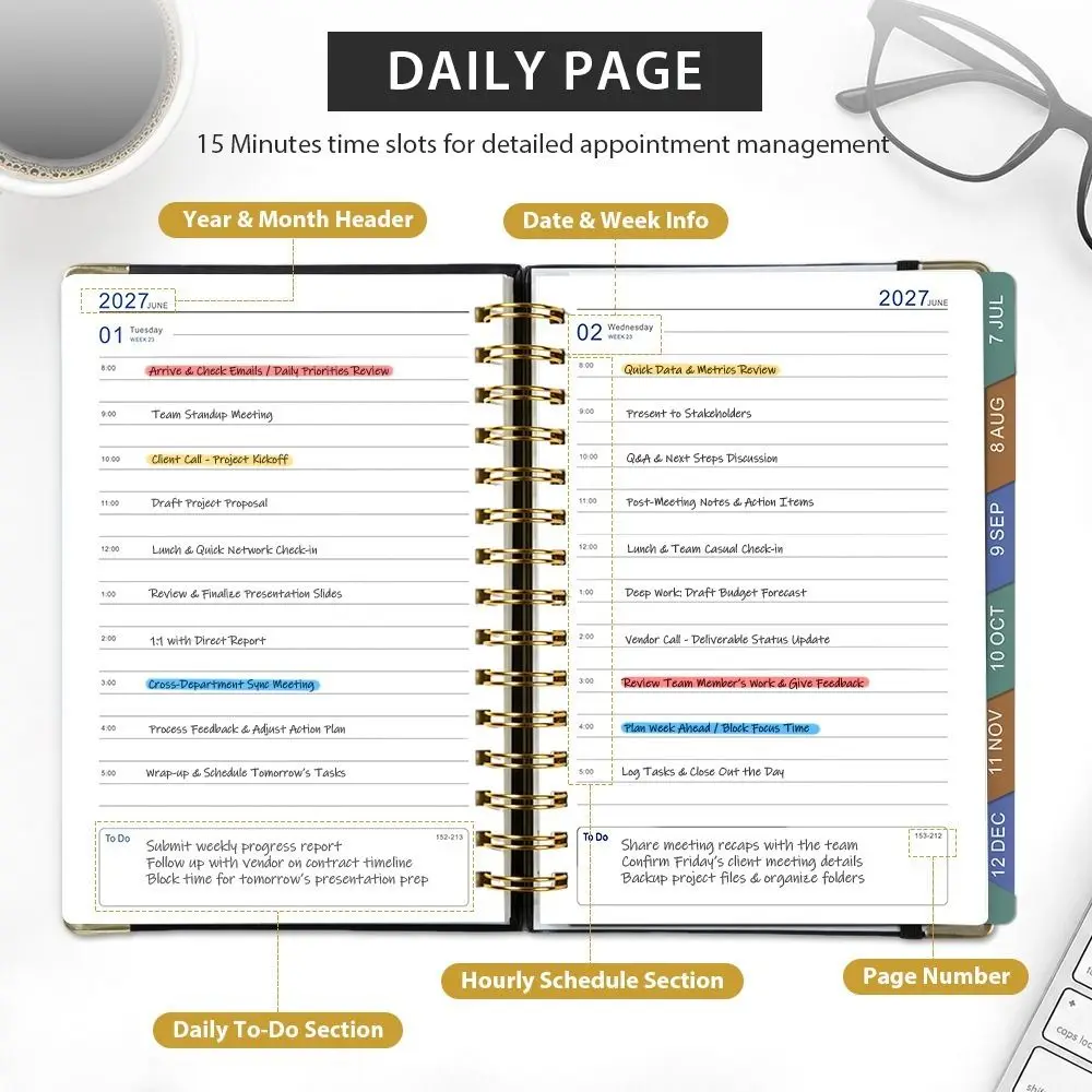 Index Tags 2027 Planner Notebook Spiral Binding A5 Size Coil Diary Book Clock In Function Simple Design Spiral Notebook