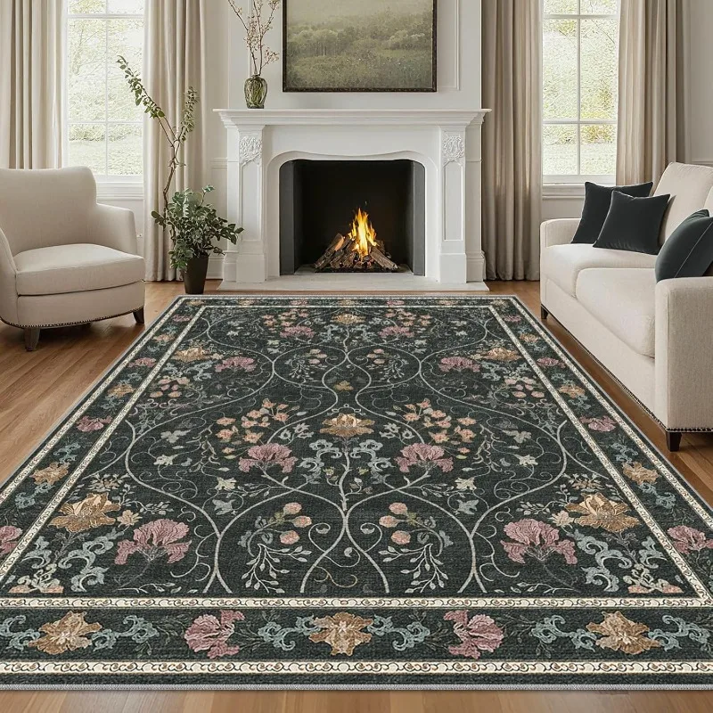 

Vintage Floral Pattern Carpet for Living Room Sofa Coffee Table Non-slip Floor Mat Foldable Machine Washable Bedroom Soft Rug 러그