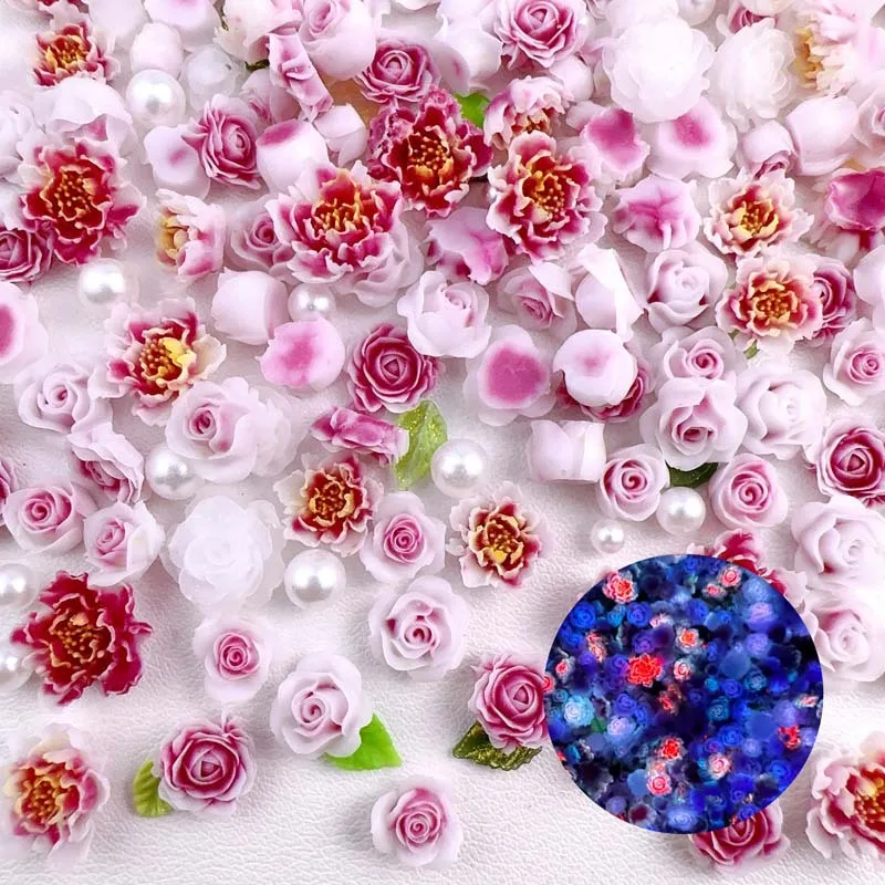 50pcs Random Mixed Resin Nail Charms Leaf Pearl Camellia Rose Flower Nail Art Decorations Accessories Manicure DIY Crafts