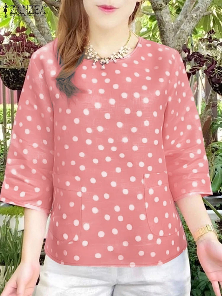 

ZANZEA 2025 Summer Polka Dots Women Blouse Casual Shirt Fashion O-Neck 3/4 Sleeve Work Tops Female Loose Chemise Holiday Blusas