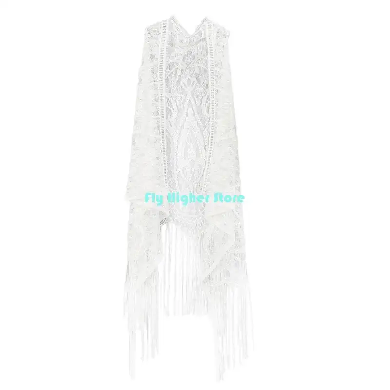 Women Fringe Vest Hollowed Lace Beach Shawl Beach Coverup Sleeveless Tassels Cardigan Top For Beach Outings Daily Use