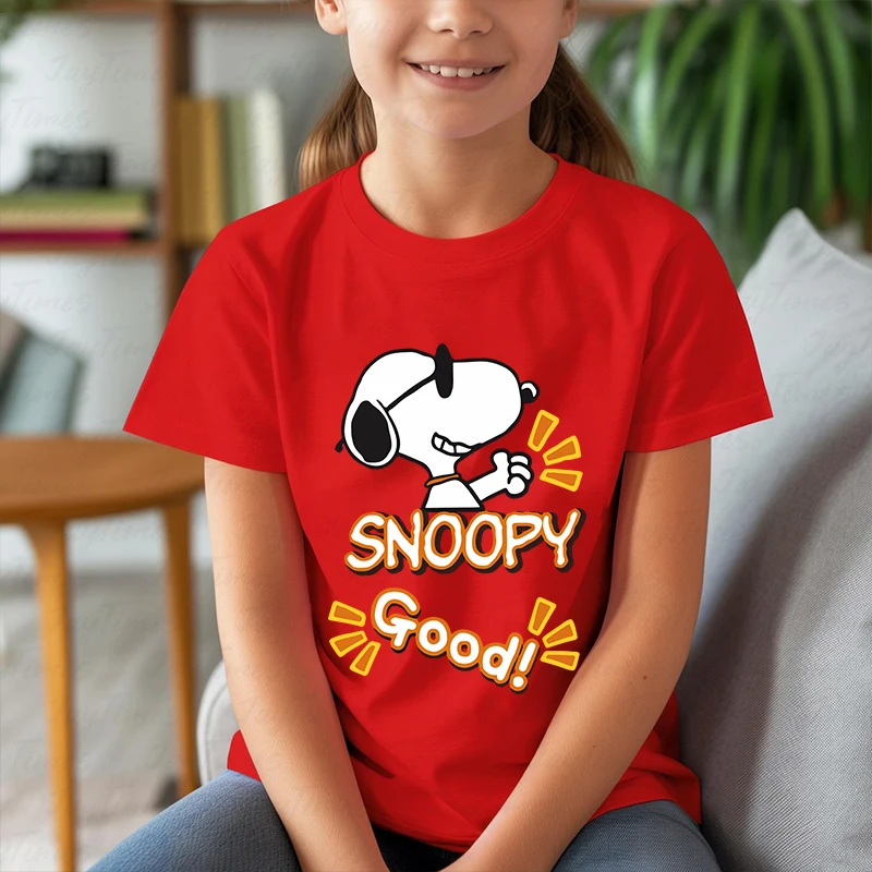 

Детская футболка с принтом Snoopy, летняя детская хлопковая футболка с коротким рукавом, подходит для мальчиков и девочек, красные повседневные топы