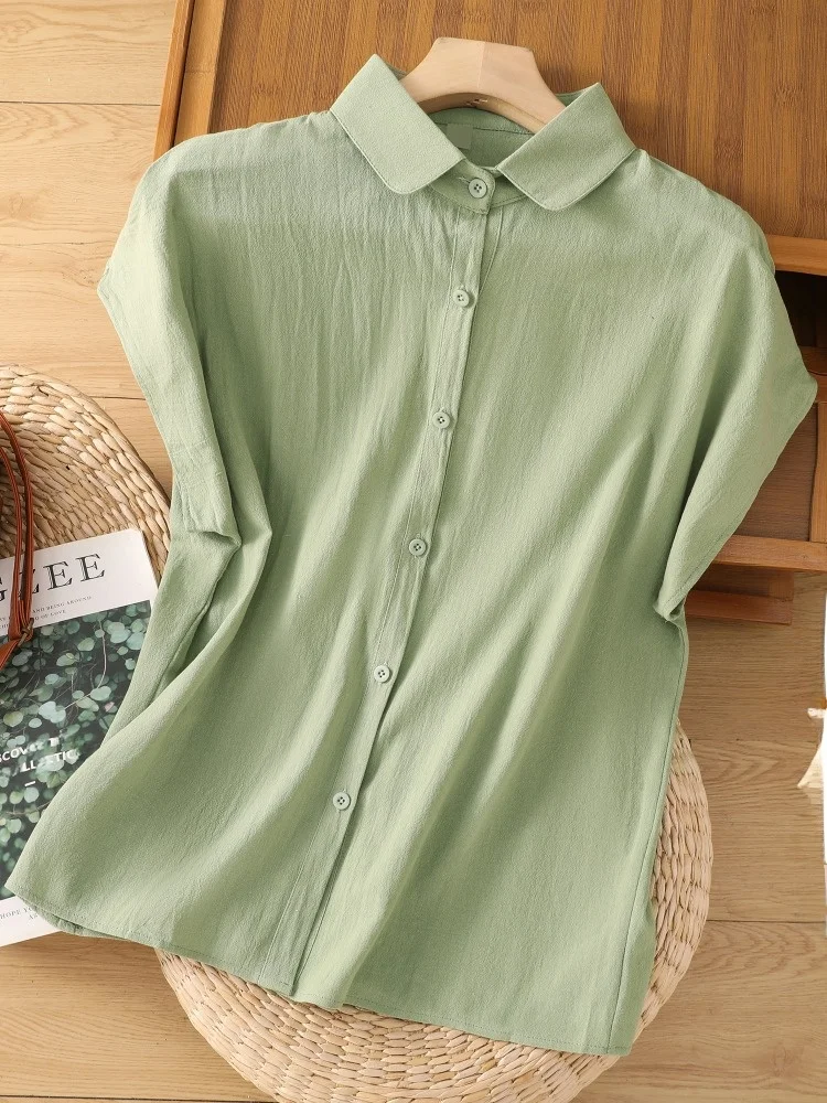 

Slimming Pure Color Cotton Linen Svel Ladies irt Summer Large Size Thin Material Turn-down Collar irt for Women