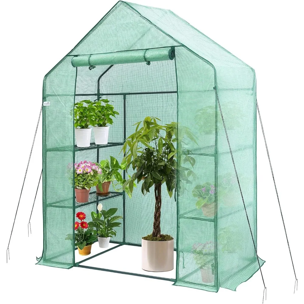 

Greenhouse, Walk-in Greenhouse with Anchors and Ropes, 3 Tier 4 Wired Shelves , Green PE Cover Easy to Assemble