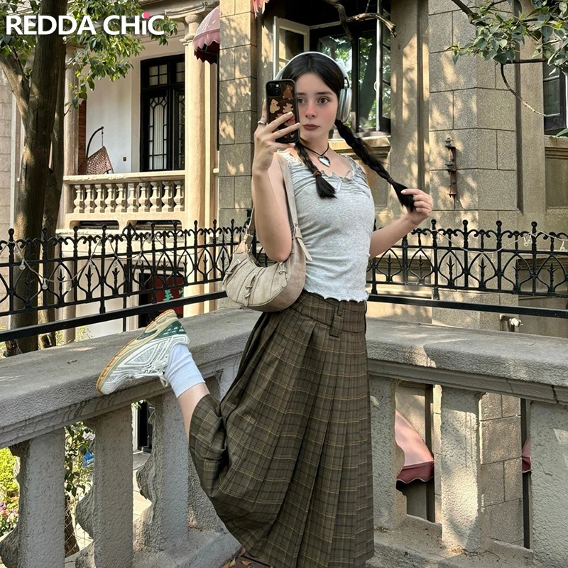 ReddaChic Vintage Green Checkered Pleated Skirt Women Teen Girls Tartan High Waist A-line Midi Long Skirt Casual School Uniform