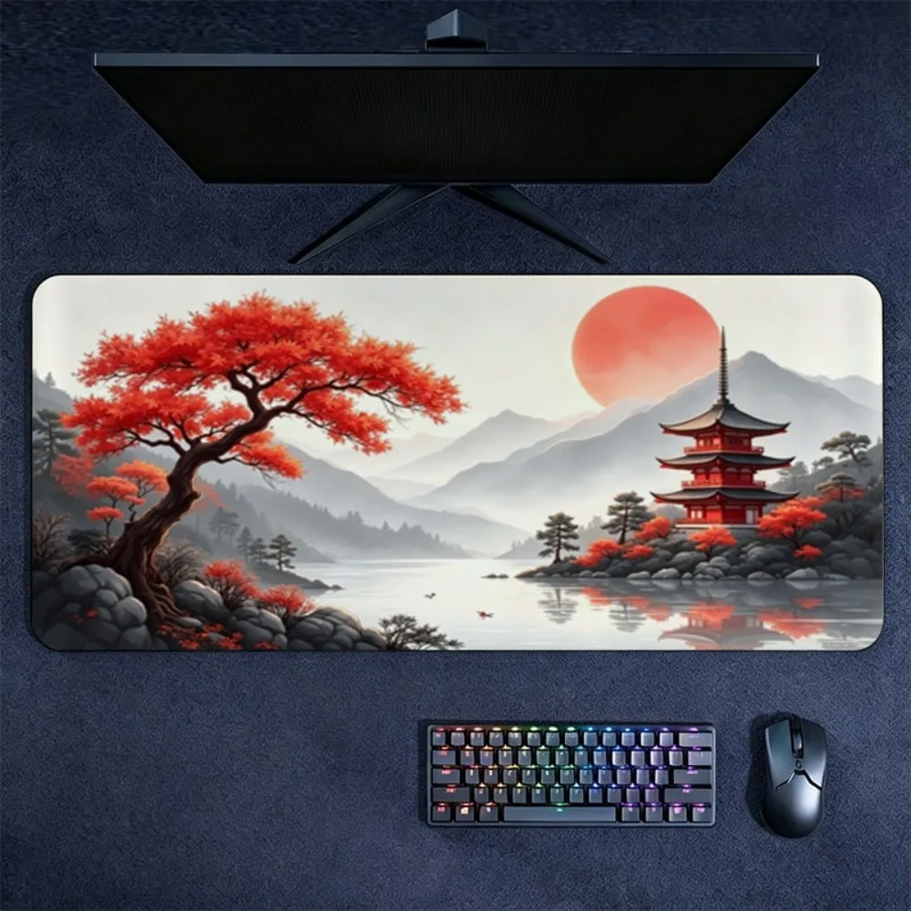 Japanese-style serene landscape mouse pad, featuring patterns of red maples, pagodas and misty mountains slip-resistant durable