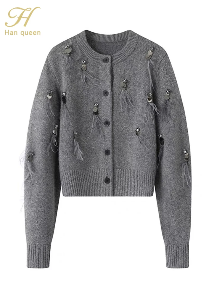 

H Han Queen Spring Autumn Simple Long Sleeve Cardigans Basic Tasseled Sequins Knitted Coats Cardigan Sweater For Womens Tops