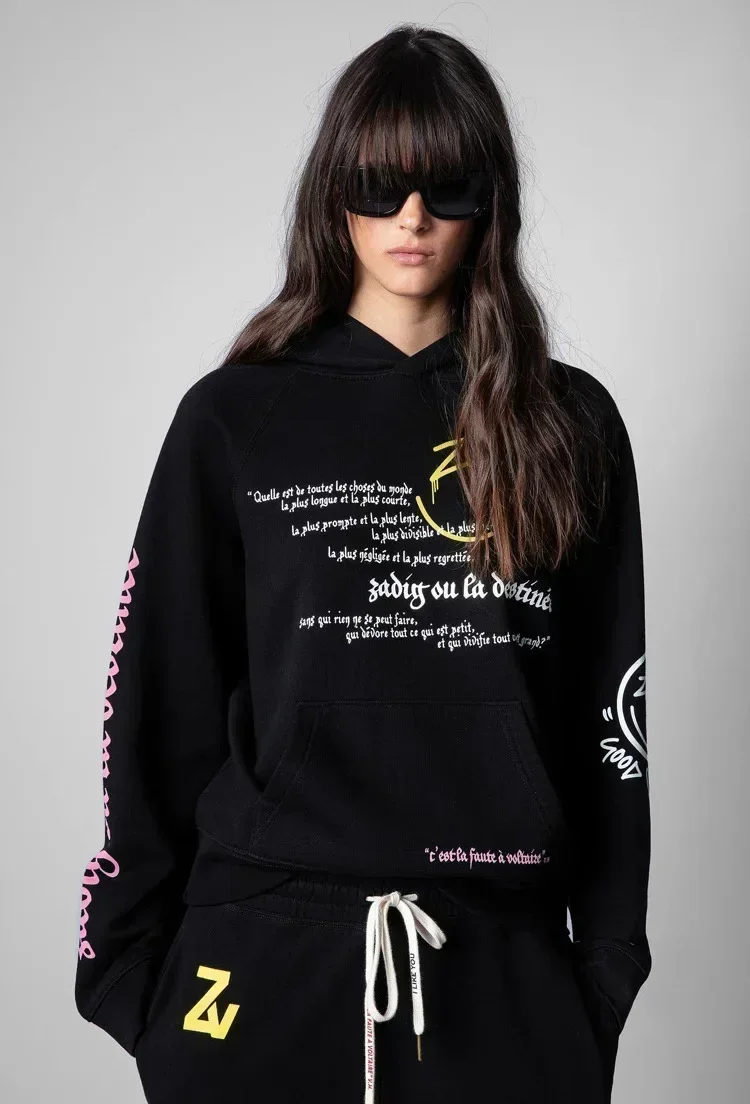 Autumn and Winter French Style ZV Women Happy Covered with Smiley Face Letter Printed Fleece Hoodie