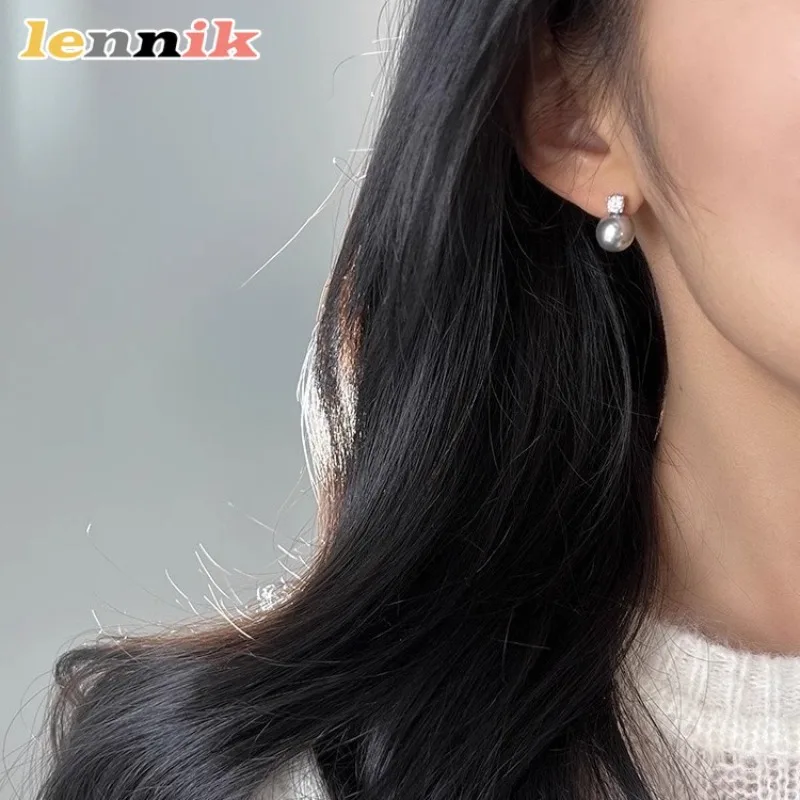 LENNIK Brincos de pérola simples, sentido premium, zircão micro-incrustado 925 agulha de prata brincos de temperamento versáteis e elegantes