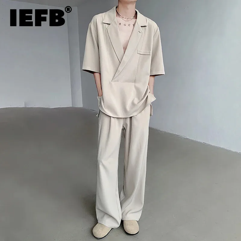 

IEFB Men' S Set Summer New Stylish Two-piece Suit Collar Pullover Short Sleeve Shirt Elastic Waist Straight Pants Male Set C5803