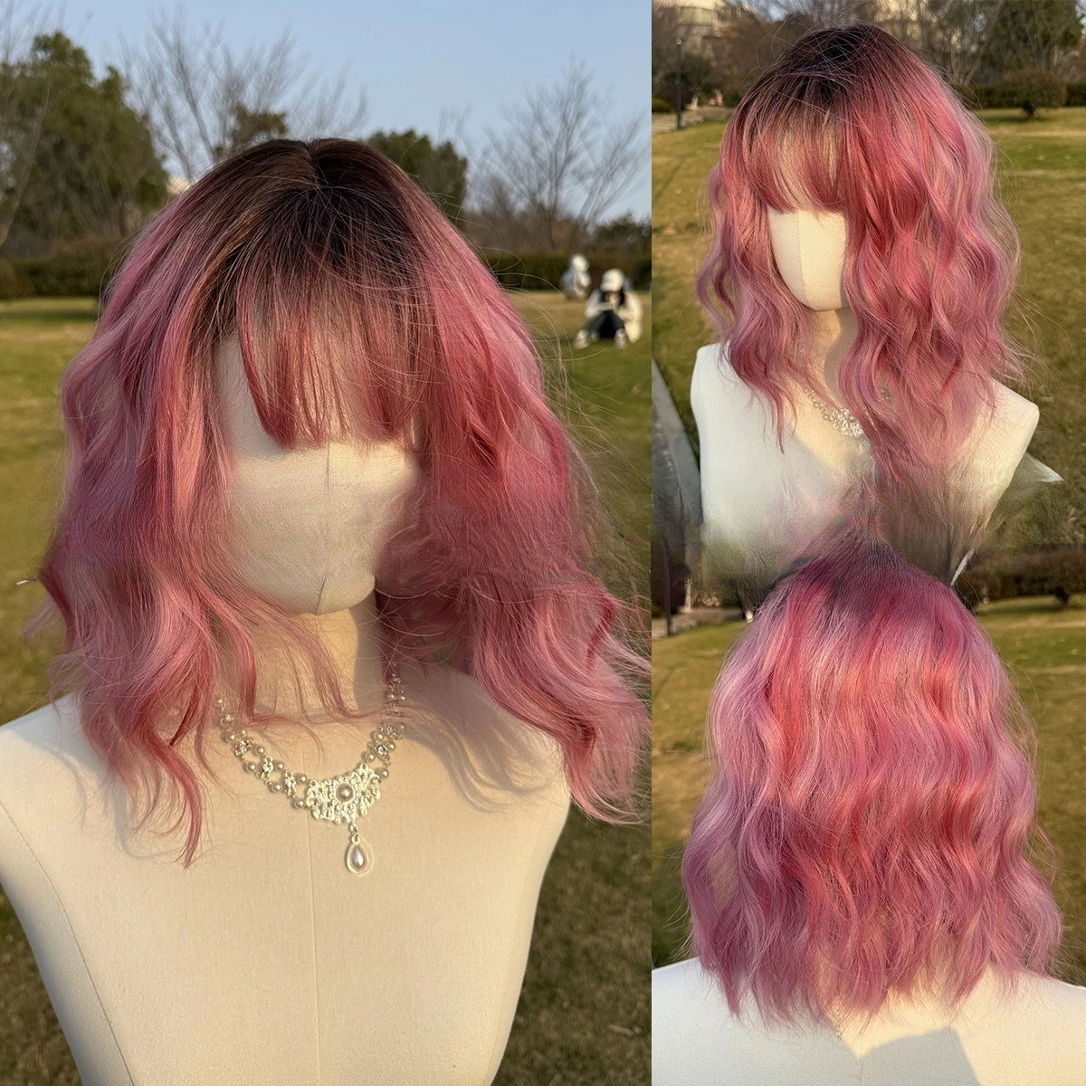 

Wig European beautiful woman gradual change color curly wave chemical fiber high temperature silk water ripple pink short curly