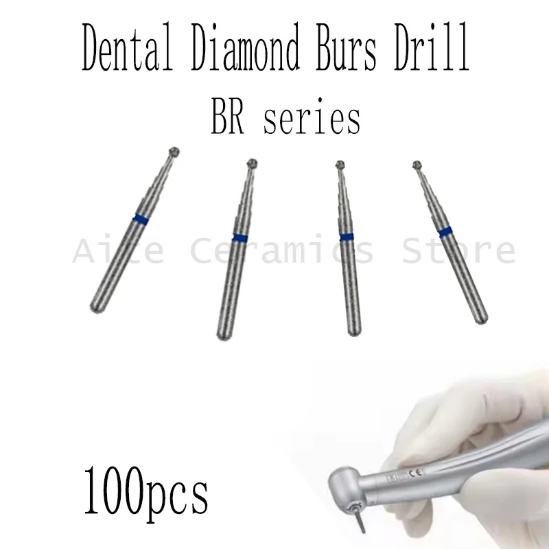 100pcs Dental Diamond Burs for High Speed Handpiece Handle Diameter 1.6mm Dentist Tools BR series on Filling Crown Preparation