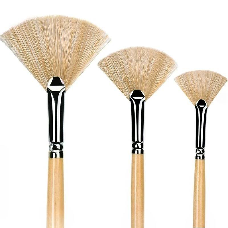 3pcs Oil Acrylic Paint Brush Artist Fan Paintbrush Set Bristle Long-handled Paintbrush