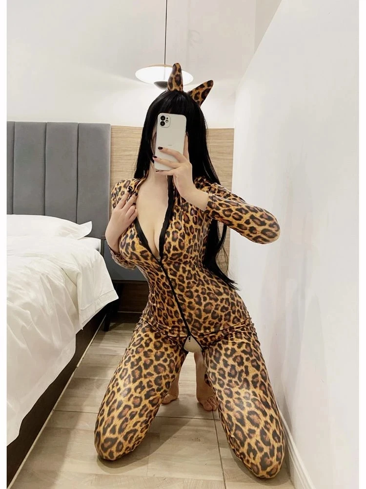 Shiny Leopard Jumpsuits PU Leather Leotard Long Sleeve Bodysuits Tights Cosplay Zipper Open-Crotch Tight-Fitting Sexy Lingerie