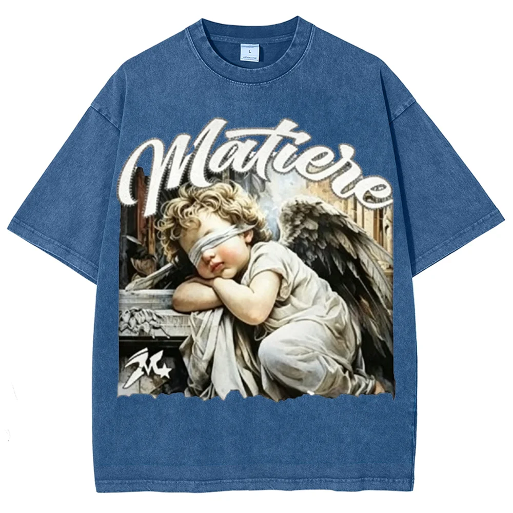 Vintage Washed Angel Cherub Graphic T‑Shirt Retro Oil Painting Print Oversized Streetwear Casual Short Sleeve Tee For Men Women