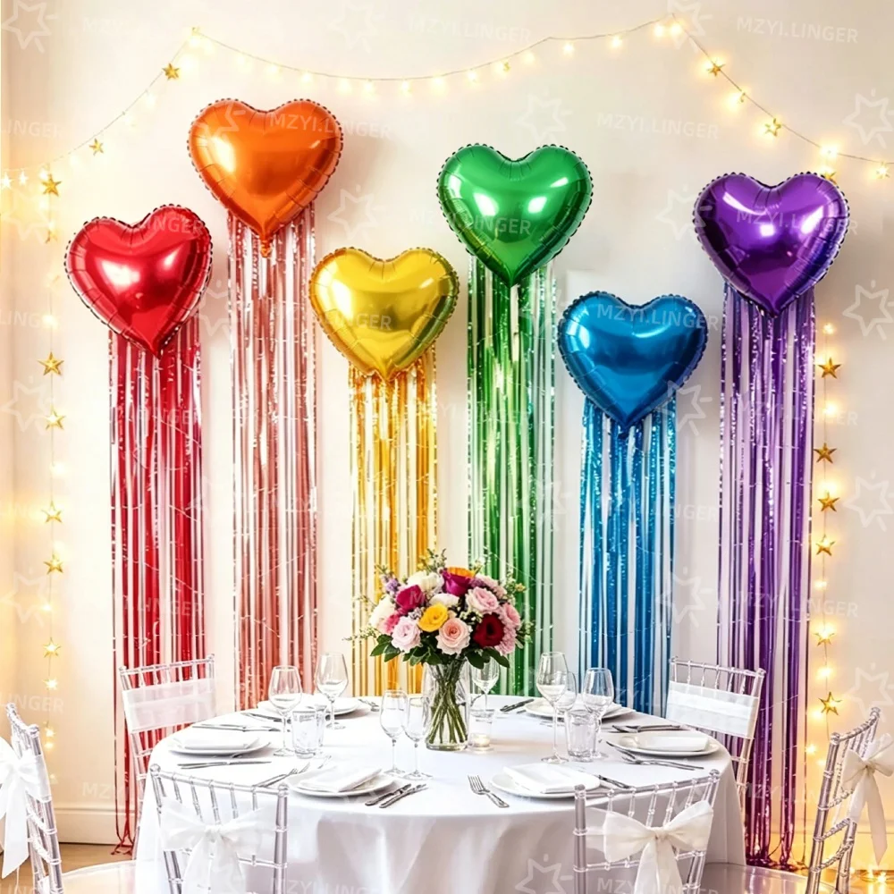 Conjunto de 9 Peças - Balões Coloridos em Formato de Coração e Cortina de Franjas, com Pontos Adesivos, Ideal para Festas de Aniversário, Chás de Bebê, Casamentos, Aniversários de Casamento, Formaturas, Despedidas de Solteiro(a), Bailes de Formatura, Ano Novo, Celebrações de Eventos Internos e Suprimentos de Decoração