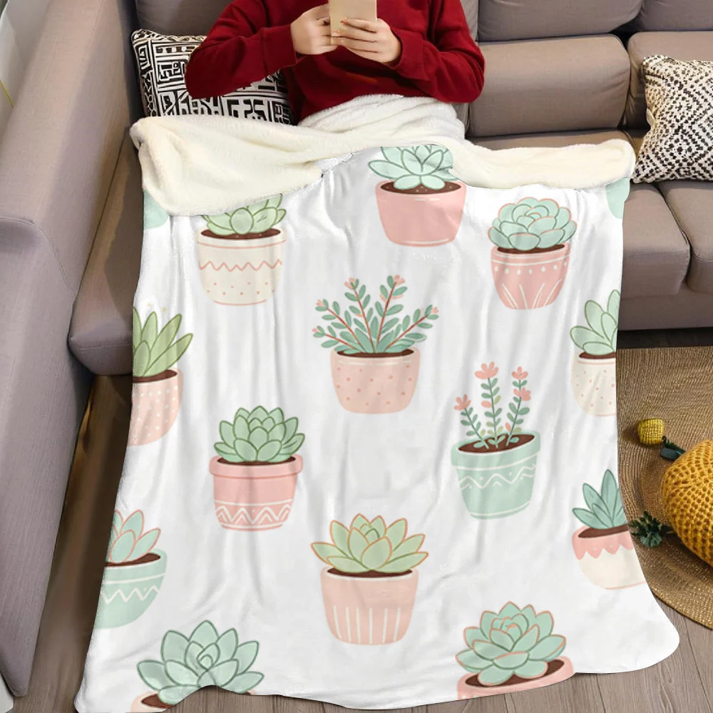 Cute Potted Succulents Flannel Blanket Warm Soft Halloween Christmas All-Season Couch Decorative Cozy Warm Gift