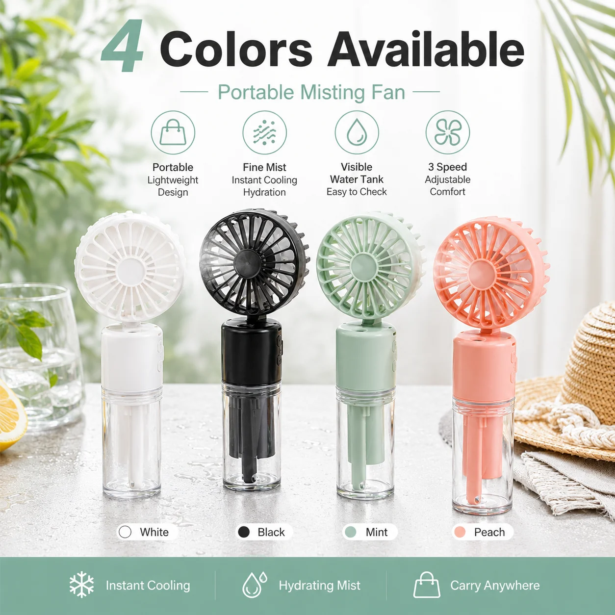 USB Rechargeable Mini Neck Fan with Spray Function, Desktop Folding Fan, Portable Handheld Fan