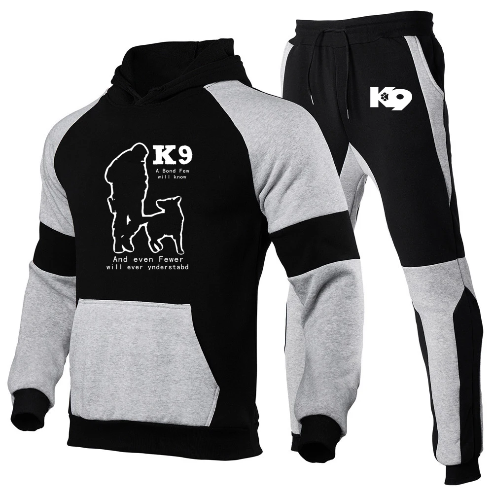 TRAINER K9 Team K9 Unit Malinois Spring Autumn Men\'s New Suit Printed Color Matching Hoodie+Drawstring Pants Fashion 2Pcs Set