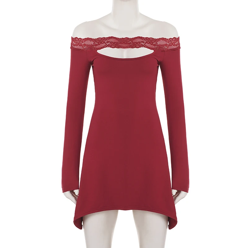 섹시한 오프숄더 A라인 드레스, 우아한 레이스 밑단, 슬래시 넥 컷아웃 미니 드레스, 여성 패션 긴팔 베스티도스