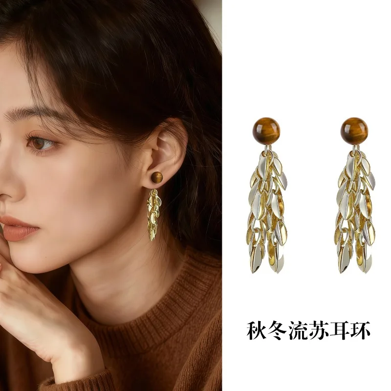 

HQ Tiger Eye Stone Wheat Spike Tassel Earrings for Women 2025 New Copper Premium Trendy Earrings Fine Jewelry Accessories Gifts
