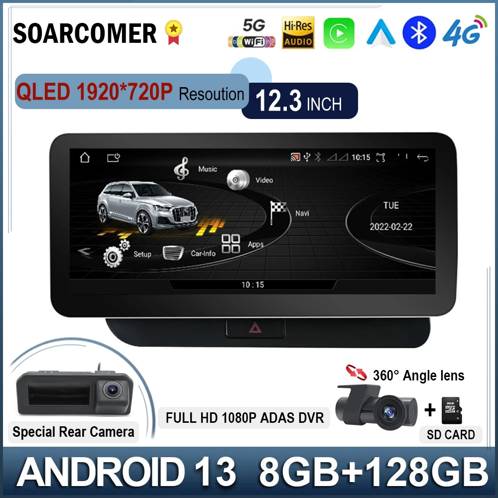 

12.3 Inch 1920*720P CARPLAY Auto Android 13 Car Stereo Radio Pantalla Multimedia Player GPS Navigation for Audi Q5 2009 - 2017