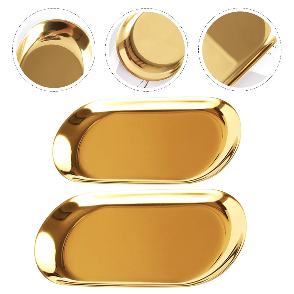 

2 Pcs Gold Oval Tray Plates Perfume Various Occasions Trays Stainless Steel Fashionable